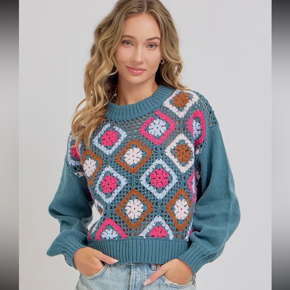 Anthropologie Multicolor Crochet Crew Neck Sweater